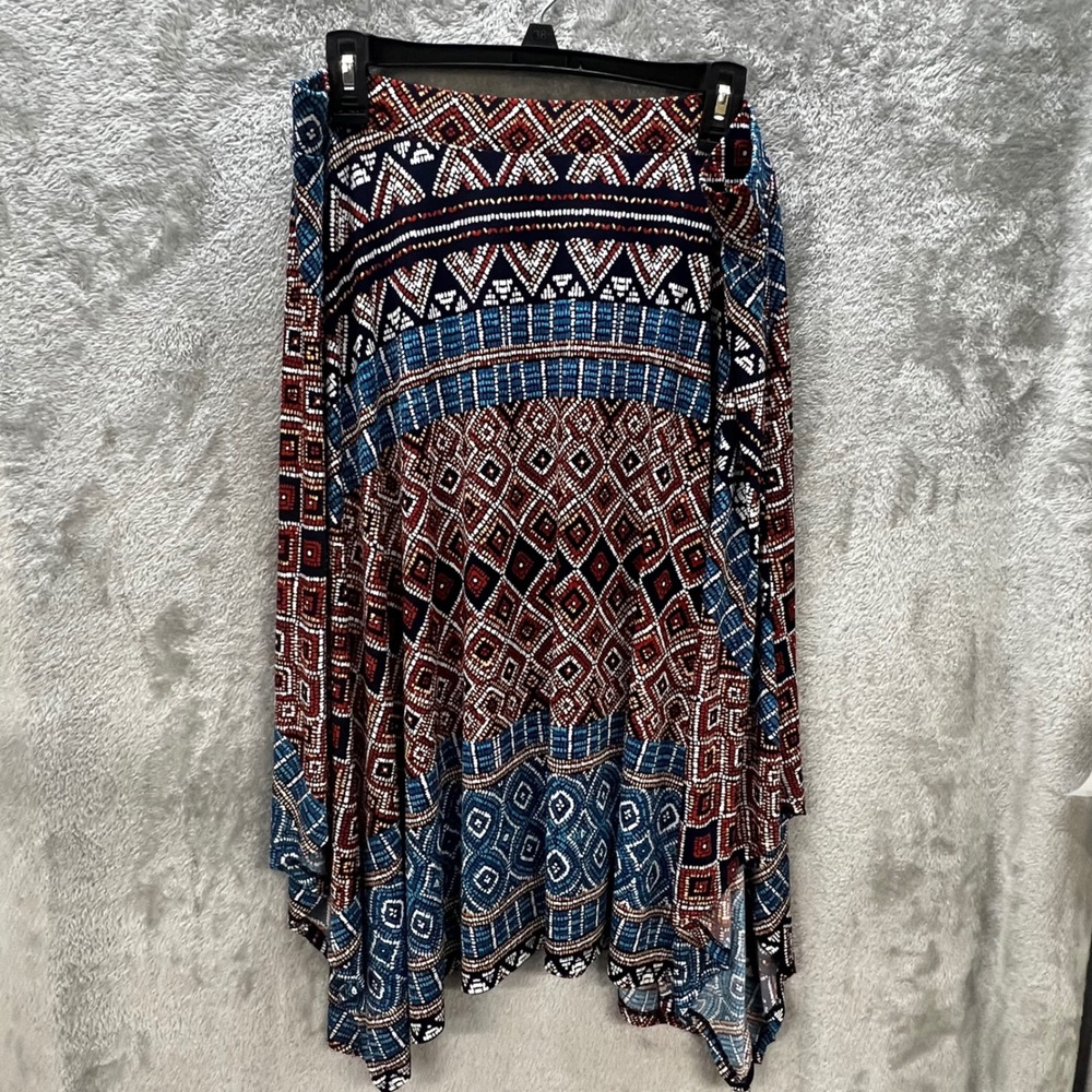 Cato Womens XL Geometric Tribal Print Sharkbite Hem Midi Skirt Navy Rust Boho